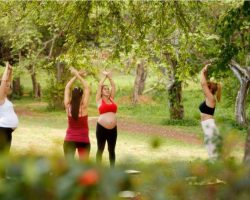 Pregnant Women Doing Yoga With Personal Trainer In Park