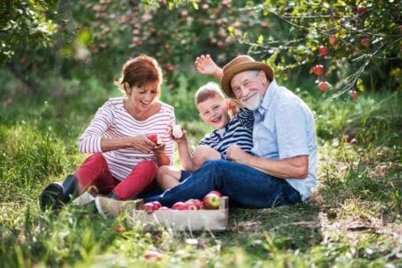 a-senior-couple-with-small-grandson-in-apple